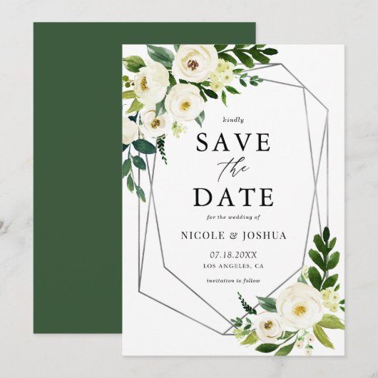 Silver Foil Geometric White Floral Lijst Spring Save The Date (Voorkant / Achterkant)