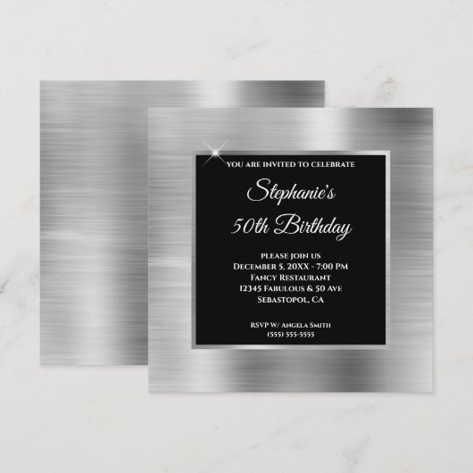 Silver Foil Glam Black Overlay 50th Birthday Kaart (Voorkant / Achterkant)