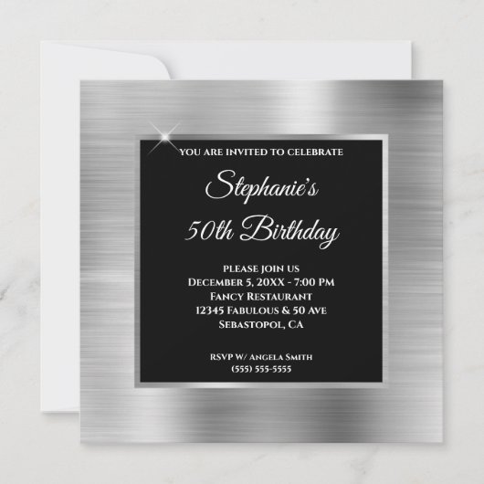Silver Foil Glam Black Overlay 50th Birthday Kaart (Voorkant)
