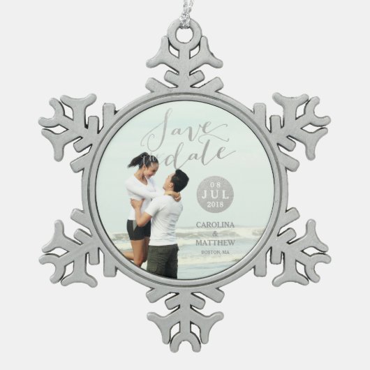 Silver Foil Glamor | Foto Save the Date Holiday Tin Sneeuwvlok Ornament (Voorkant)