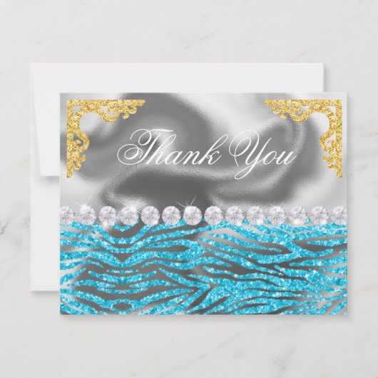 Silver Foil Gold & Light Blue Zebra Print Verjaard Bedankkaart (Voorkant)
