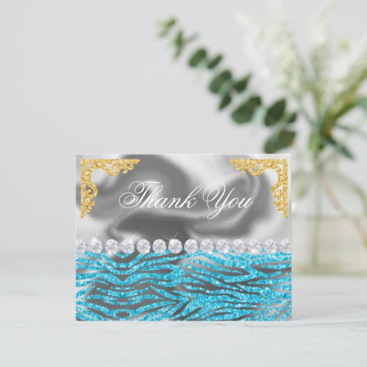 Silver Foil Gold & Light Blue Zebra Print Verjaard Bedankkaart (Staand voorkant)