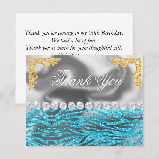 Silver Foil Gold & Light Blue Zebra Print Verjaard Bedankkaart (Voorkant / Achterkant)