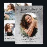 Silver Foil Halo Foto Collage Sweet 16 Kaart<br><div class="desc">Deze en meisjes zoete fotocollage-uitnodiging voor zestien verjaardagsfeestjes is perfect voor het trendy en stijlvolle meisje. Het kenmerkt een faux gedrukte zilveren folie penseelhalo bovenop een grote eigenschapfoto en elegante handgeschreven krommende manuscripttypografie. Op de achterzijde staan vier meer aanpasbare afbeeldingen en de partijdetails met een volledig naammonogram voor een extra...</div>