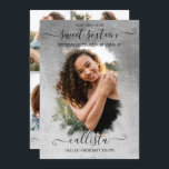 Silver Foil Halo Foto Collage Sweet 16 Kaart<br><div class="desc">Deze en meisjes zoete fotocollage-uitnodiging voor zestien verjaardagsfeestjes is perfect voor het trendy en stijlvolle meisje. Het kenmerkt een faux gedrukte zilveren folie penseelhalo bovenop een grote eigenschapfoto en elegante handgeschreven krommende manuscripttypografie. Op de achterzijde staan vier meer aanpasbare afbeeldingen en de partijdetails met een volledig naammonogram voor een extra...</div>