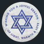 Silver Foil Hanukkah Greeting Sticker<br><div class="desc">Zelfklever met een zilverfolie-effect-backgroung,  met de Star van David en de Hanukkah-groet,  "Wishing you a joyful seizoen of light,  warmte and love" in een donkerblauw waterverf-effect. Ideaal voor gebruik als favoriete stickers op geltzakken.</div>