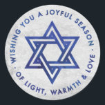 Silver Foil Hanukkah Greeting Sticker<br><div class="desc">Zelfklever met een zilverfolie-effect-backgroung,  met de Star van David en de Hanukkah-groet,  "Wishing you a joyful seizoen of light,  warmte and love" in een donkerblauw waterverf-effect. Ideaal voor gebruik als favoriete stickers op geltzakken.</div>
