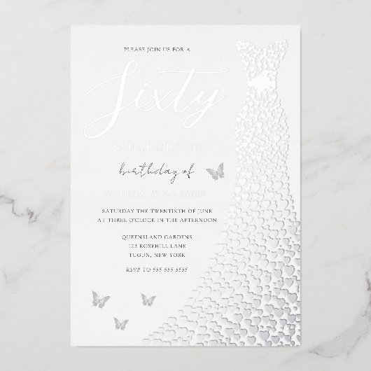 Silver Foil Heart Gown 60th Birthday Party Real Folie Uitnodiging (Voorkant)