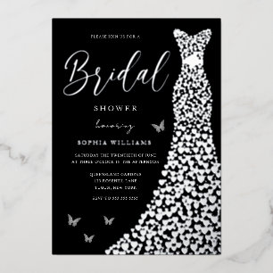 Silver Foil Heart Gown with Black Vrijgezellenfees Folie Uitnodiging