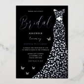 Silver Foil Heart Gown with Black Vrijgezellenfees Folie Uitnodiging (Voorkant)