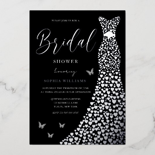 Silver Foil Heart Gown with Black Vrijgezellenfees Folie Uitnodiging (Voorkant)