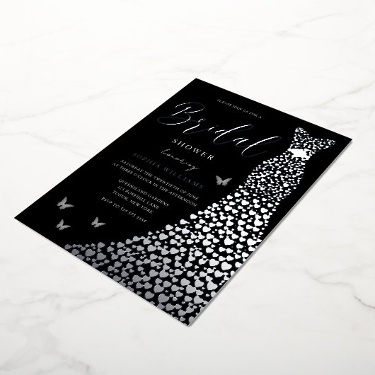 Silver Foil Heart Gown with Black Vrijgezellenfees Folie Uitnodiging (Gedraaid)