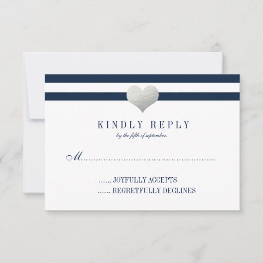 Silver Foil Heart + Stripes RSVP Kaartje (Voorkant)