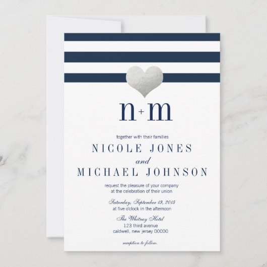 Silver Foil Heart + Stripes Wedding Invitations Kaart (Voorkant)