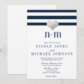 Silver Foil Heart + Stripes Wedding Invitations Kaart (Voorkant / Achterkant)