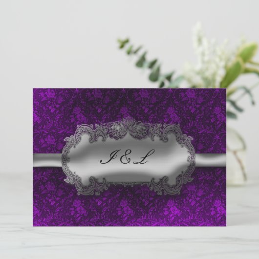 Silver Foil Kijk Damask Gothic Wedding Kaart (Staand voorkant)