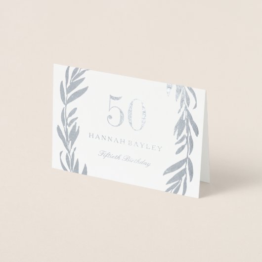 Silver Foil Leaf Wreath 50th Birthday Invitation Folie Kaarten (Voorkant)