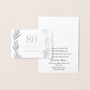 Silver Foil Leaf Wreath 80th Birthday Invitation Folie Kaarten