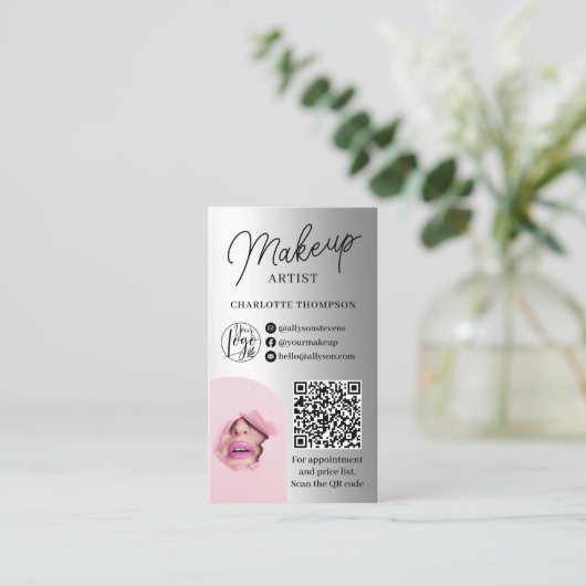 Silver foil make-up logo Qr code 2 foto's Visitekaartje (Staand voorkant)