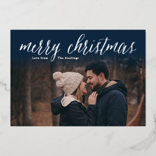 Silver Foil Merry-kerstfotokaart   Navy Blue Folie Feestdagenkaart