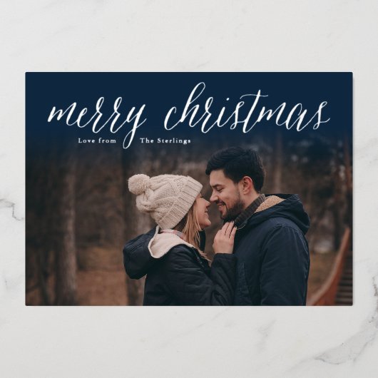 Silver Foil Merry-kerstfotokaart | Navy Blue Folie Feestdagenkaart (Voorkant)