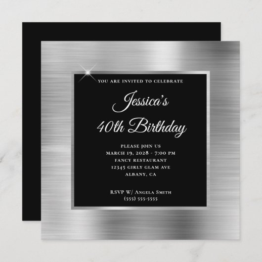 Silver Foil met zwarte bekleding 40th Birthday Kaart (Voorkant / Achterkant)