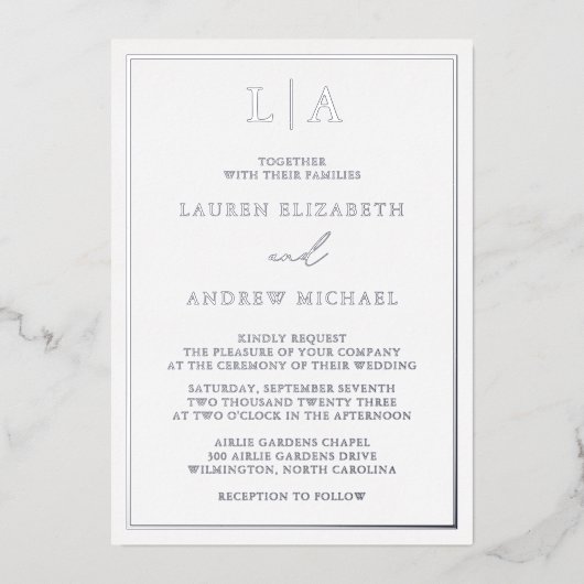 Silver Foil Monogram Border Minimalist Weddenschap Folie Uitnodiging (Voorkant)