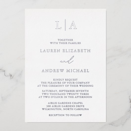 Silver Foil Monogram Initiaal Minimalist Weddensch Folie Uitnodiging (Voorkant)