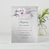 Silver Foil Paars Floral Baptism Invitation Kaart (Staand voorkant)