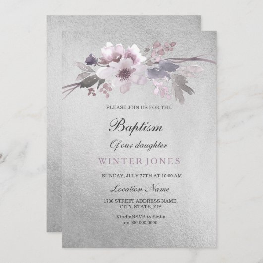 Silver Foil Paars Floral Baptism Invitation Kaart (Voorkant / Achterkant)