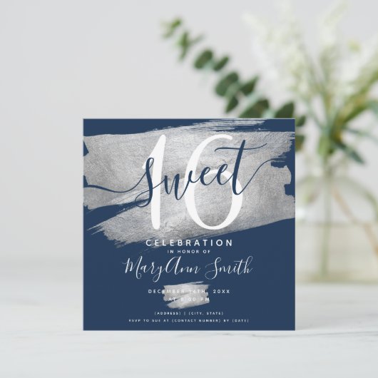 Silver Foil Paint Sweet 16th Birthday Navy Kaart (Staand voorkant)