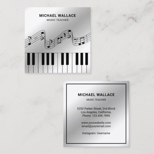 Silver Foil Piano Keyboard Musicien Pianist Vierkante Visitekaartje (Voorkant / Achterkant)