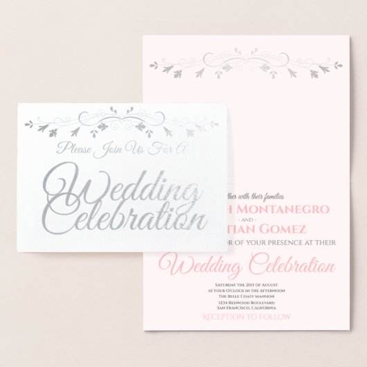 Silver Foil Pink & Grey Elegant Wedding Invitation Folie Kaarten (Display)