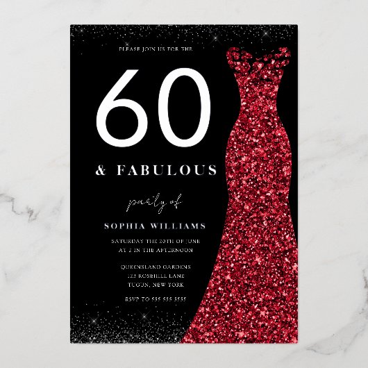 Silver Foil Red Gown 60th Fabulous 60th Birthday Folie Uitnodiging (Voorkant)