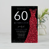 Silver Foil Red Gown 60th Fabulous 60th Birthday Folie Uitnodiging (Staand Voorkant)