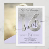 Silver foil script glitter paars Sweet 16 foto Kaart (Voorkant / Achterkant)