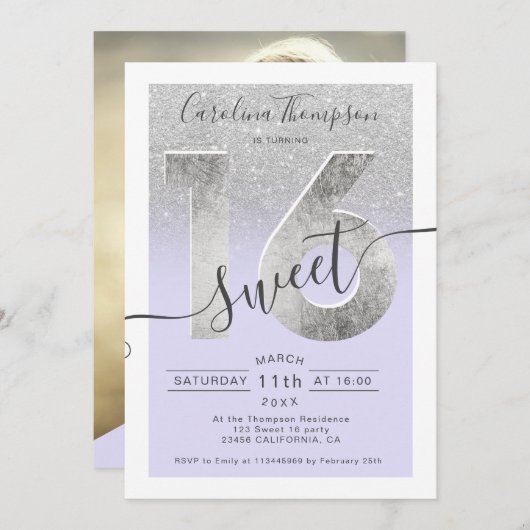 Silver foil script glitter paars Sweet 16 foto Kaart (Voorkant / Achterkant)