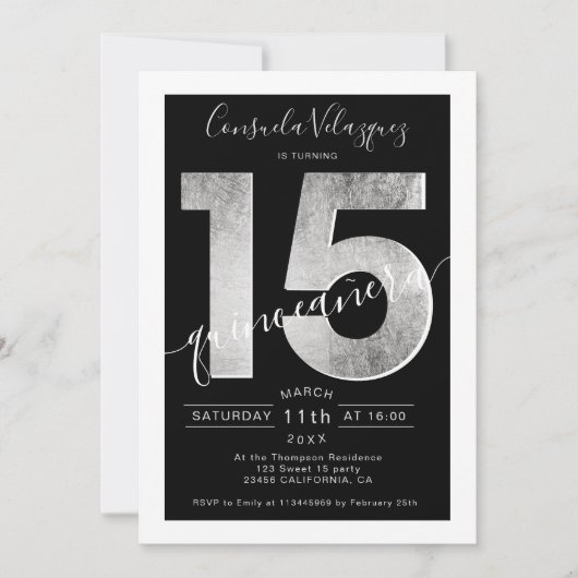 Silver foil script zwarte quinceanera foto kaart (Voorkant)