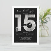Silver foil script zwarte quinceanera foto kaart (Staand voorkant)