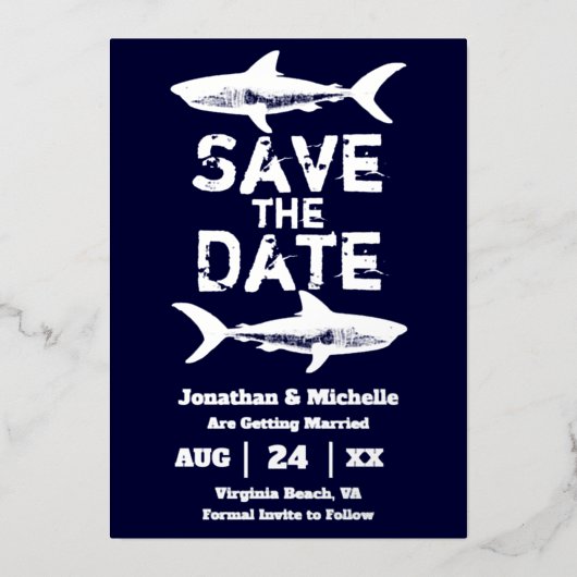 Silver Foil Shark Beach Save the Date Folie Uitnodiging (Voorkant)