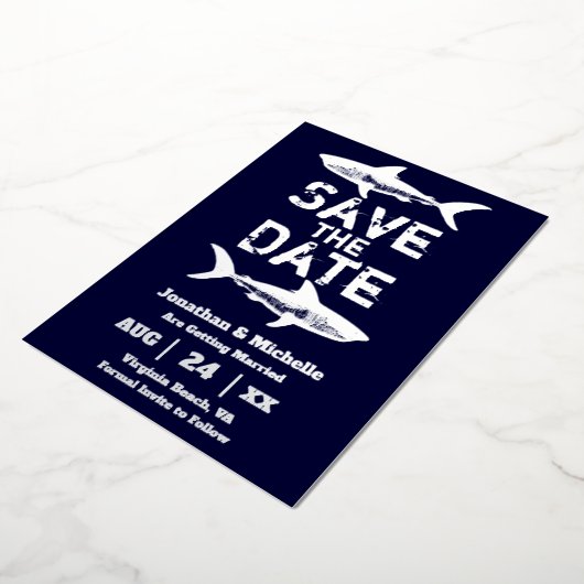 Silver Foil Shark Beach Save the Date Folie Uitnodiging (Gedraaid)