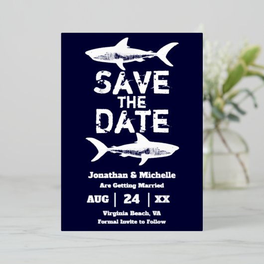 Silver Foil Shark Beach Save the Date Folie Uitnodiging (Staand Voorkant)