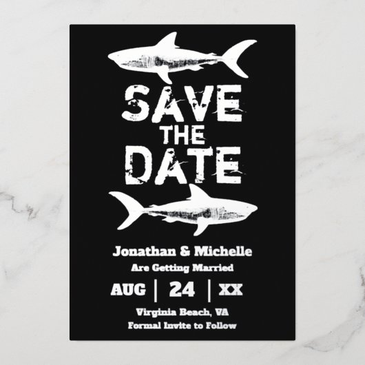 Silver Foil Shark Beach Weddenschap Save the Date Folie Uitnodiging (Voorkant)