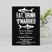 Silver Foil Shark Eat Drink en zijn huwelijkshuwel Folie Uitnodiging (Staand Voorkant)