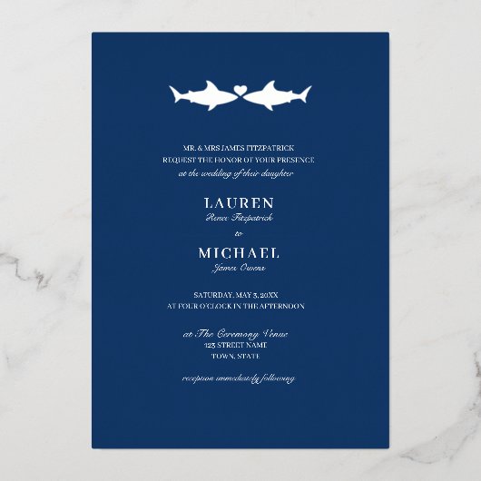 Silver Foil Shark Wedding Folie Uitnodiging (Voorkant)