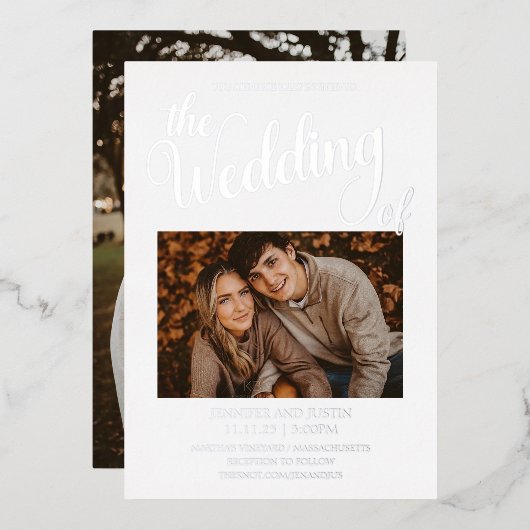 Silver Foil Simplistic 2 Photo Wedding Folie Uitnodiging (Voorkant / Achterkant)