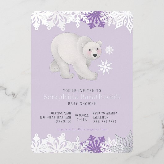 Silver Foil Snowflake Polar Paars Baby shower Folie Uitnodiging (Voorkant)