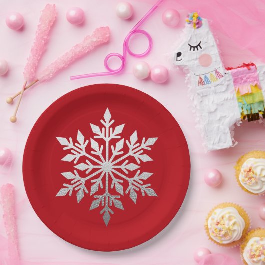 Silver Foil Snowflake Solid Red Kerstparty Papieren Bordje (Feest)