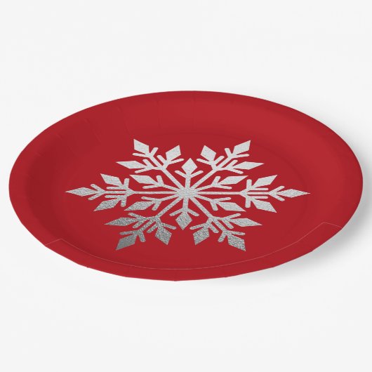 Silver Foil Snowflake Solid Red Kerstparty Papieren Bordje (Gekanteld)