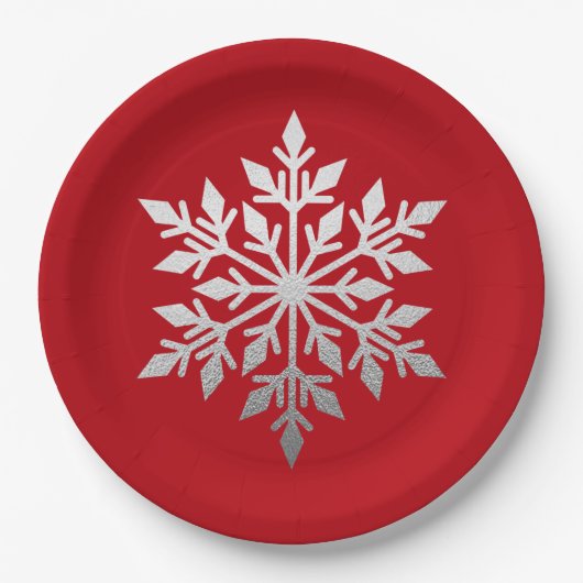 Silver Foil Snowflake Solid Red Kerstparty Papieren Bordje (Voorkant)